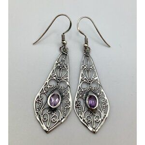 Vintage Elegant Sterling Silver Filigree & Amethyst Dangle Earrings